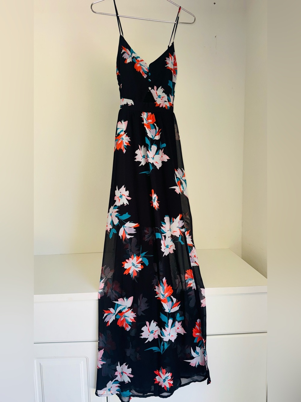 Candie's Black Floral Maxi Dress with Pink, Red & Teal Flowers